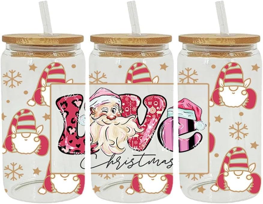 Adhesivos de transferencia de vasos UV DTF, calcomanías temáticas de Navidad para tazas de vidrio, UV Dtf frotar en transferencias para