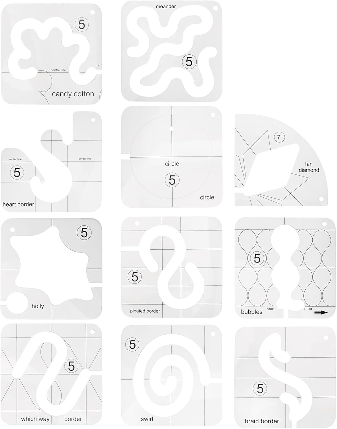 Juego de plantillas de acolchado, 11 piezas para máquina de coser doméstica, reglas de plantilla de acolchado de movimiento libre, transparentes