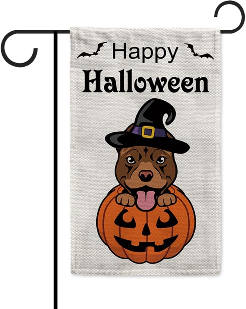 Bandera de jardín de perro Pitbull marrón sonriente de Halloween de 12.5 x 18 pulgadas, vertical de doble cara con sombrero de bruja y calabaza para