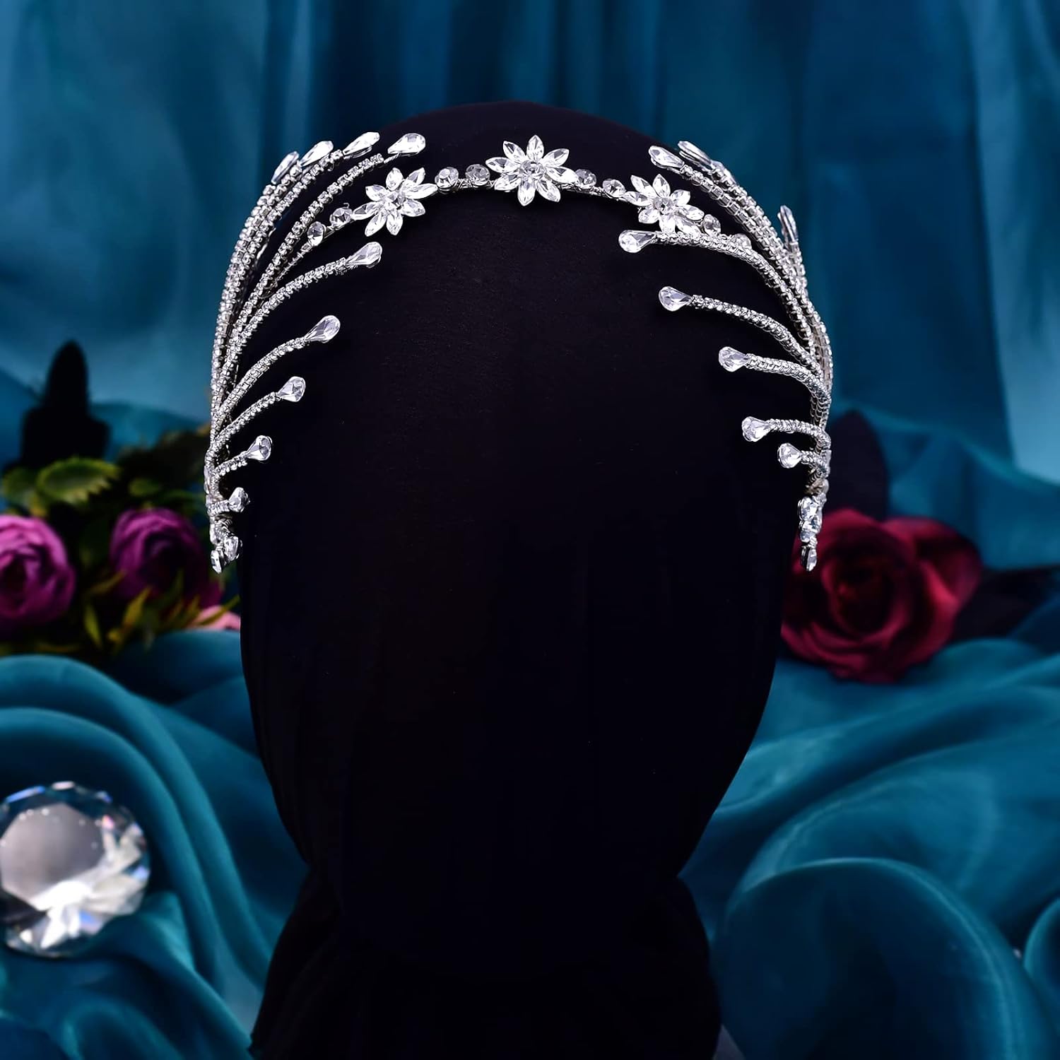 Diadema de boda con hojas de diamantes de imitación para novias, tocados plateados hechos a mano para bodas, bailes, fiestas de cumpleaños,