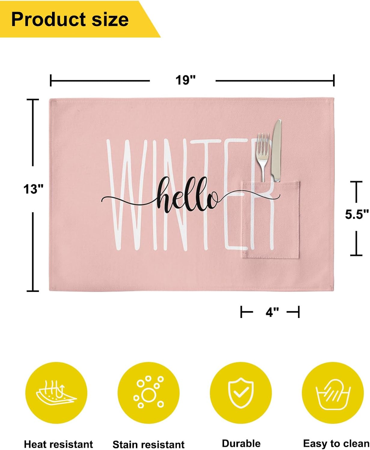 Hello Winter – Juego de 4 manteles individuales tejidos, lavables y lavables con bolsillo, manteles individuales de tela navideña para fiestas,