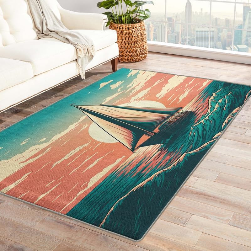 Alfombras de atardecer océano para entrada, dormitorio, sala de estar, 2 x 3, lavable, antideslizante, suave, alfombra de pelo bajo, alfombra para
