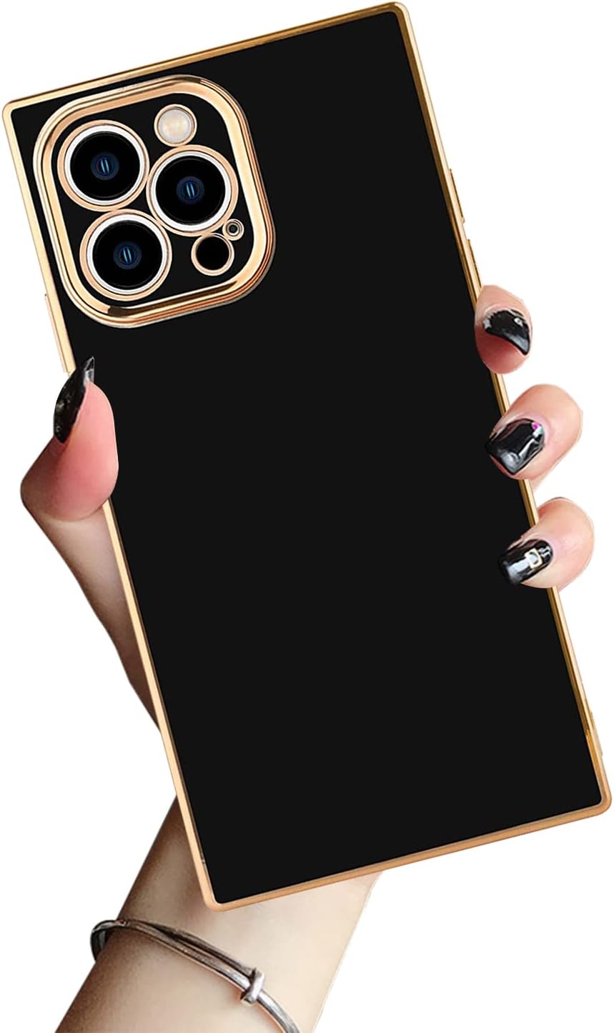 DAHAOGUO Funda cuadrada para iPhone 15 Pro, borde dorado, negro, TPU suave, anticaídas, antiarañazos, absorción de golpes, funda protectora