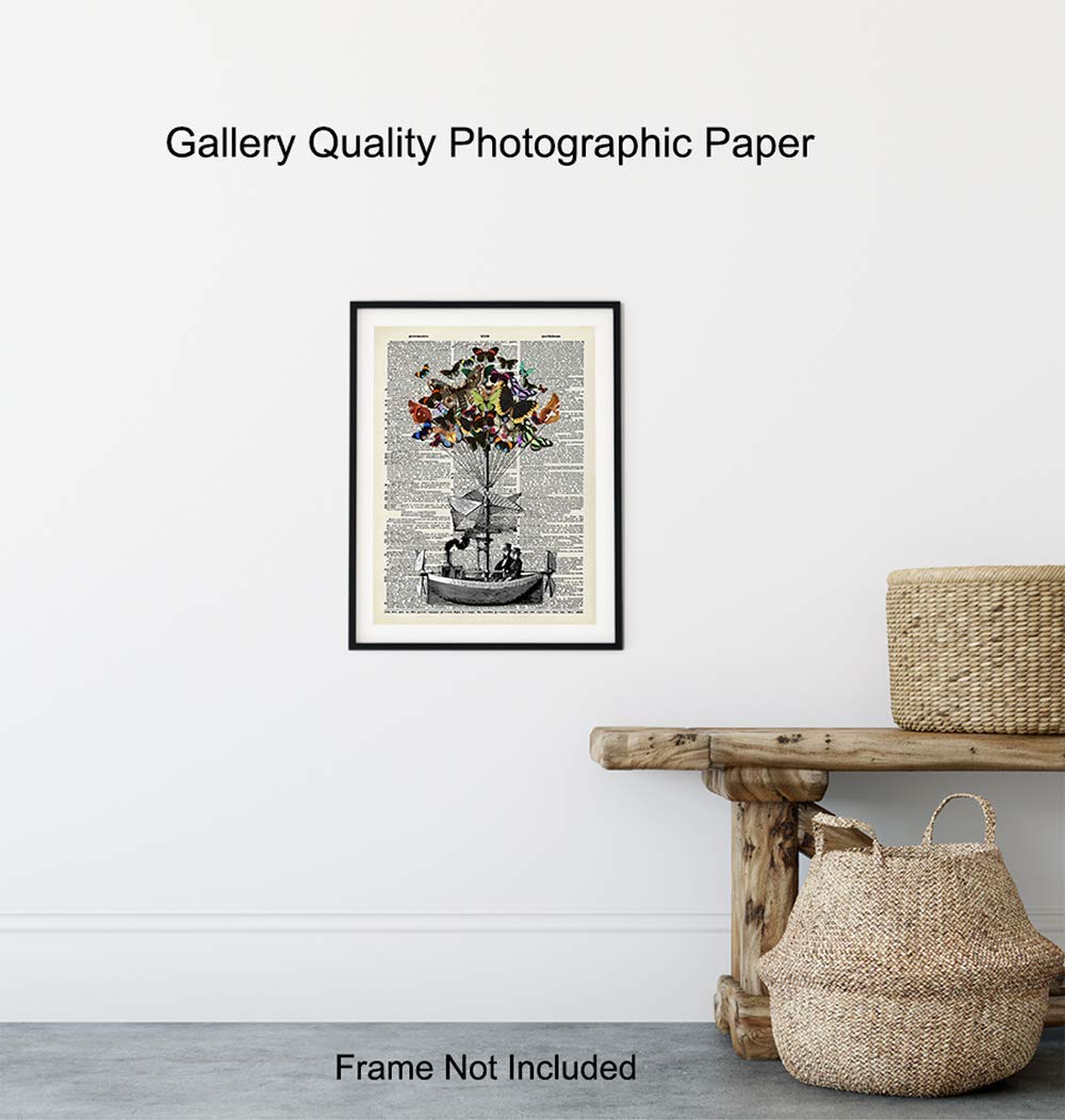 Steampunk Decor – Dirigible Poster – 8×10 Victorian Steampunk Wall Art – Butterflies Blimp Airship Room Decorations – Dictionary Page Photo –