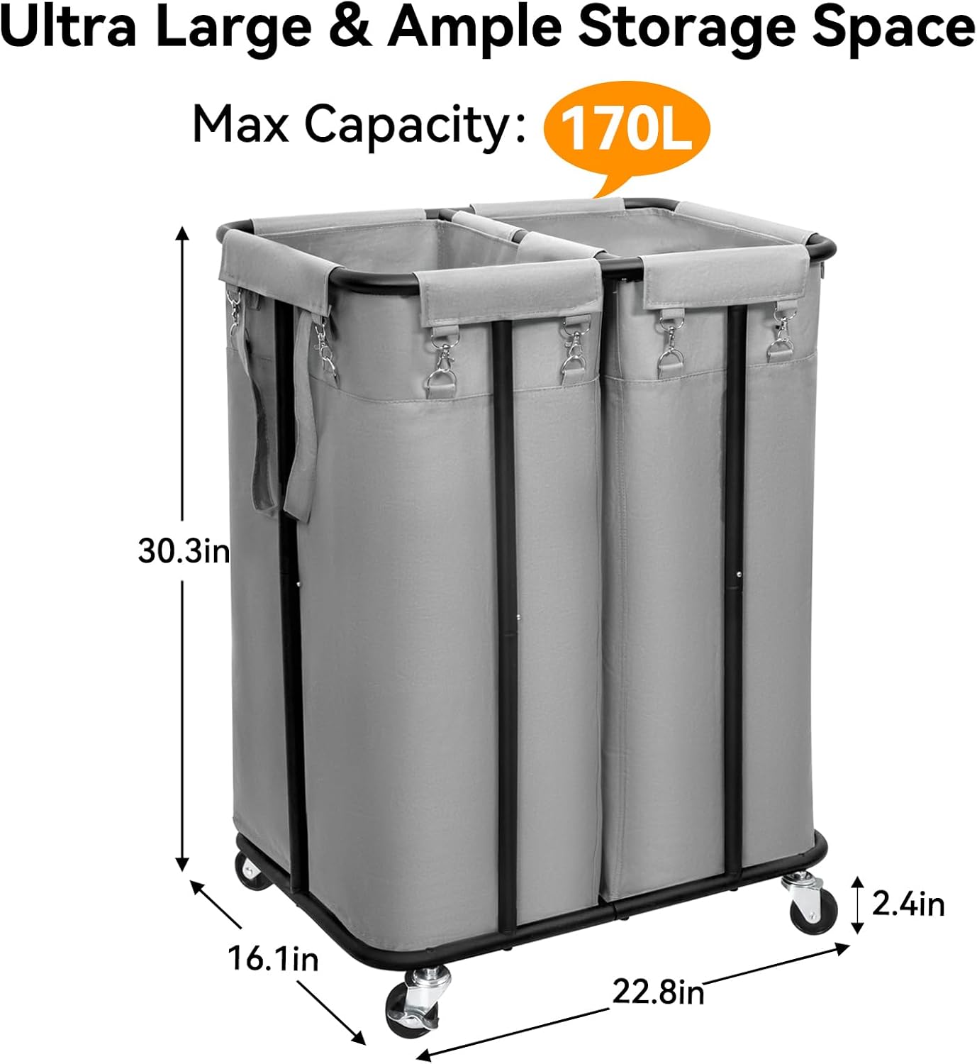 WOWLIVE Cesta de lavandería doble con ruedas de 170 L, cesta organizadora de lavandería con marco de acero y bolsas extraíbles, cesta grande para