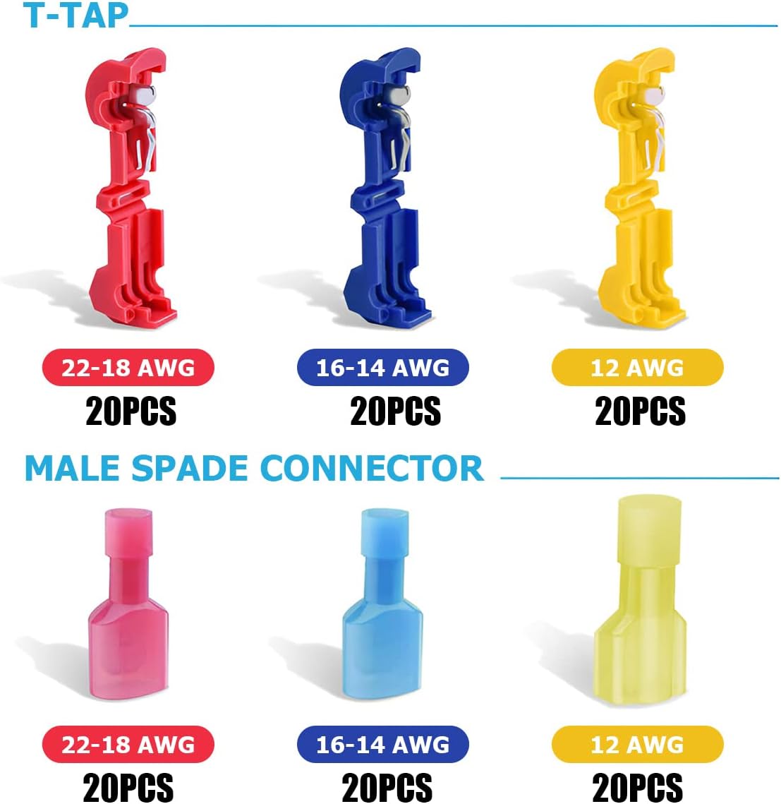 120 conectores de cable T-Tap, conectores eléctricos AWG 22-10, terminales de cable de empalme rápido autodespegables, kit surtido de terminales de