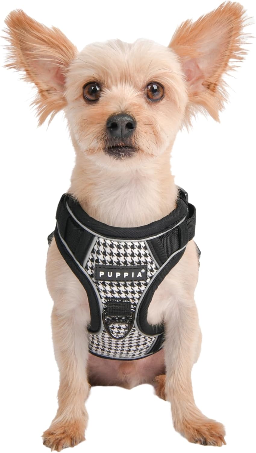 Puppia Conall – Arnés para perro con patrón de pata de gallo, resistente, ajustable, para cuello y pecho, reflectante para perros pequeños y