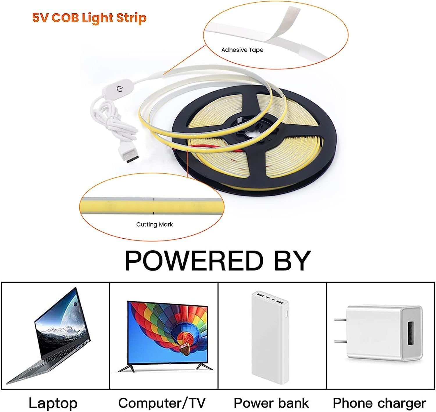 HEGEHE Tira de luces LED COB regulables, 1m3.28ft DC5V 320LEDsm, no impermeable, flexible, cinta de luz blanca cálida con atenuación táctil USB para