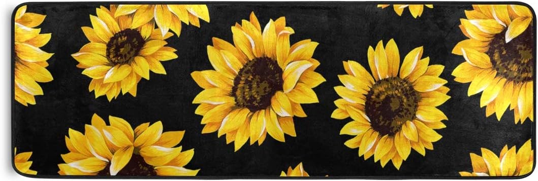 Alfombras de cocina negras con diseño de girasol, antideslizantes, suaves, para el hogar, comedor, sala de estar, dormitorio, 72 x 24 pulgadas