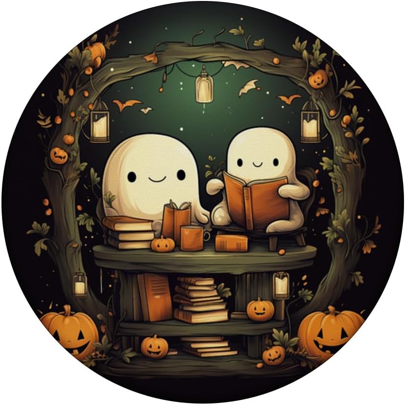 Libros de lectura de fantasmas lindos para Halloween, bosque, calabaza, librería, PopSockets, PopGrip estándar