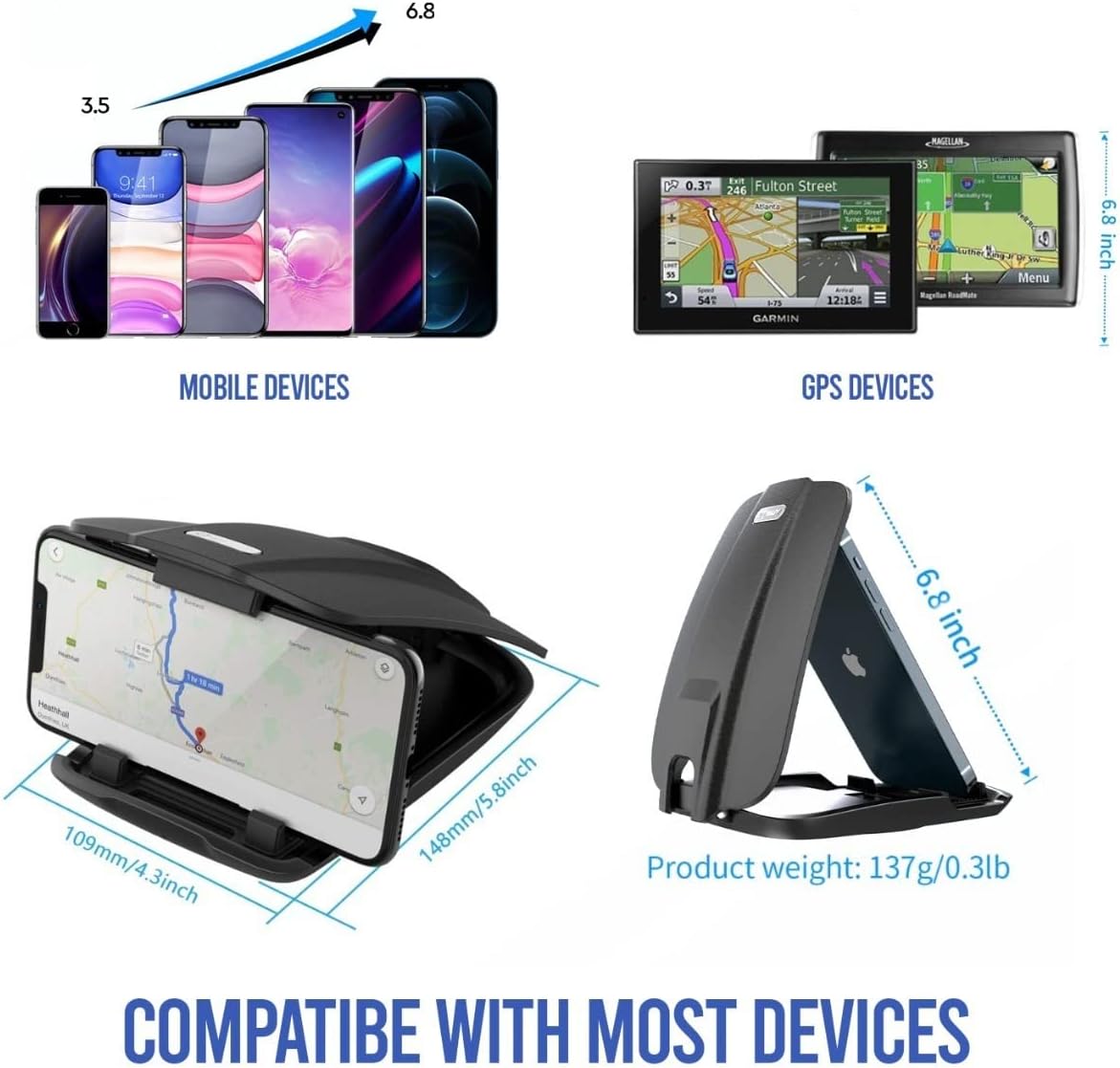 Soporte para GPS y teléfono para salpicadero, antideslizante, ajuste universal, autoadhesivo, Garmin Nuvi Drive Dezl Drivesmart, Navman, Tomtom,