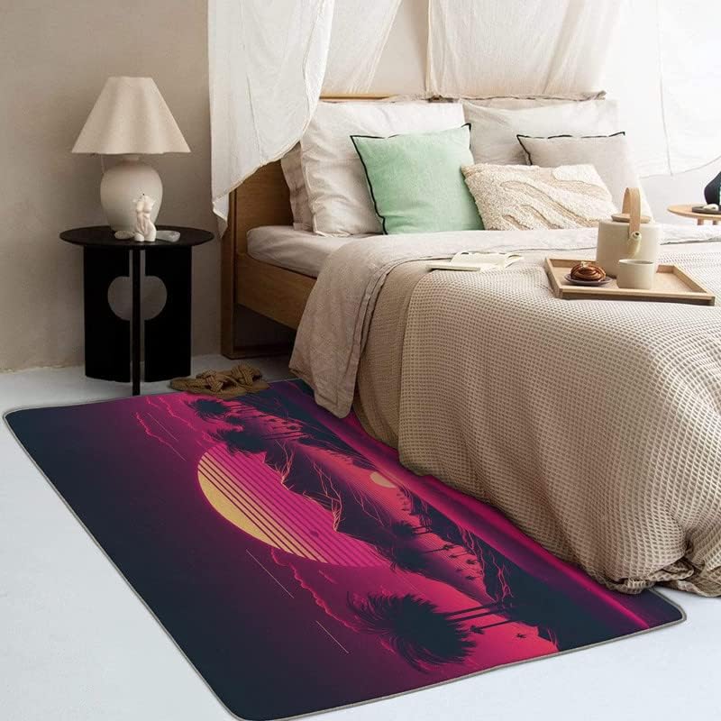 Vaporwave Rug – Alfombra de neón para sala de estar, dormitorio, montaña y puesta de sol de 4 x 6 pies, lavable, antideslizante y suave, no