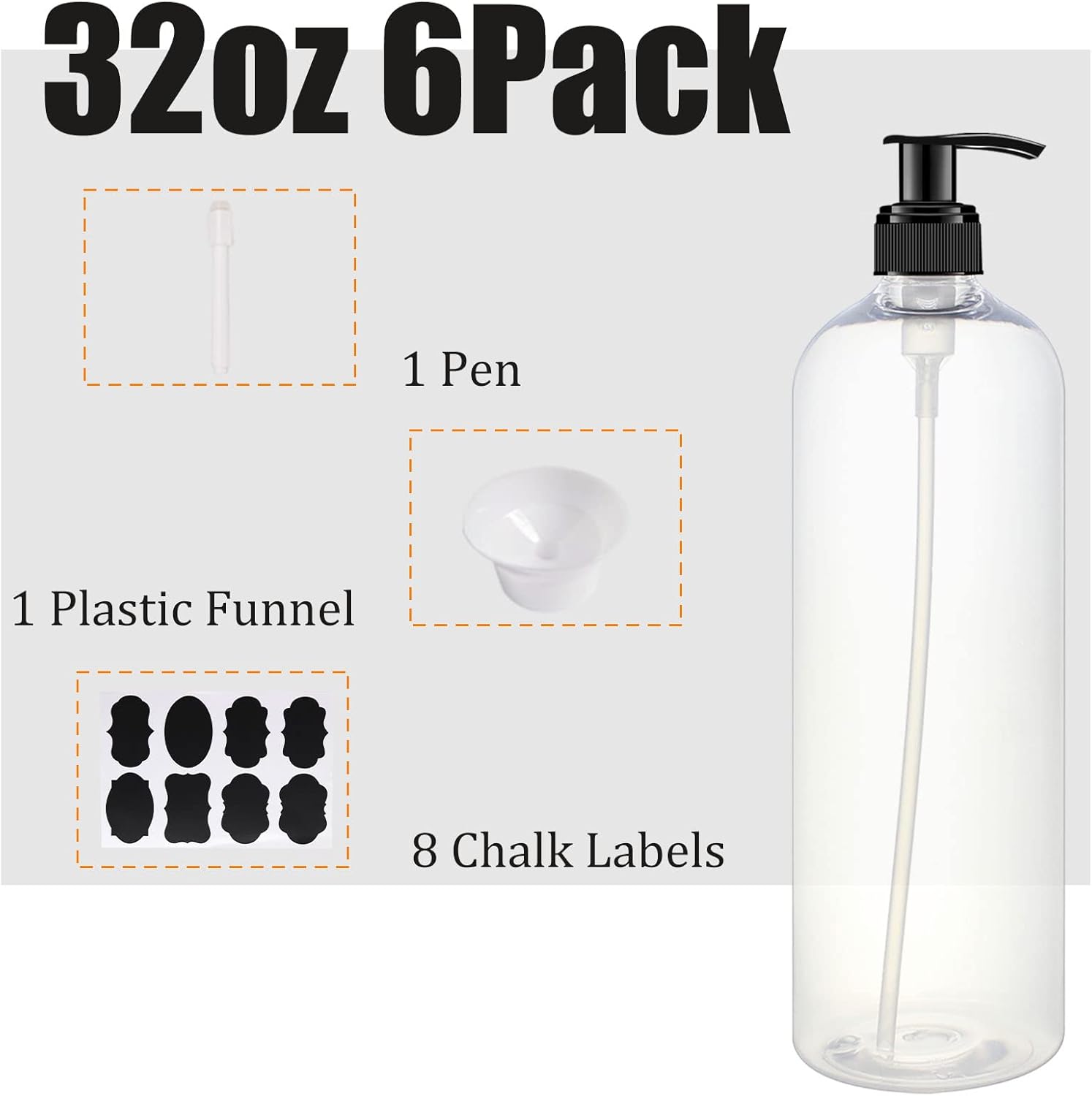 Paquete de 6 botellas dispensadoras de champú y acondicionador de 32 onzas con bomba para acondicionador, jabón, lociones, dispensador de botellas
