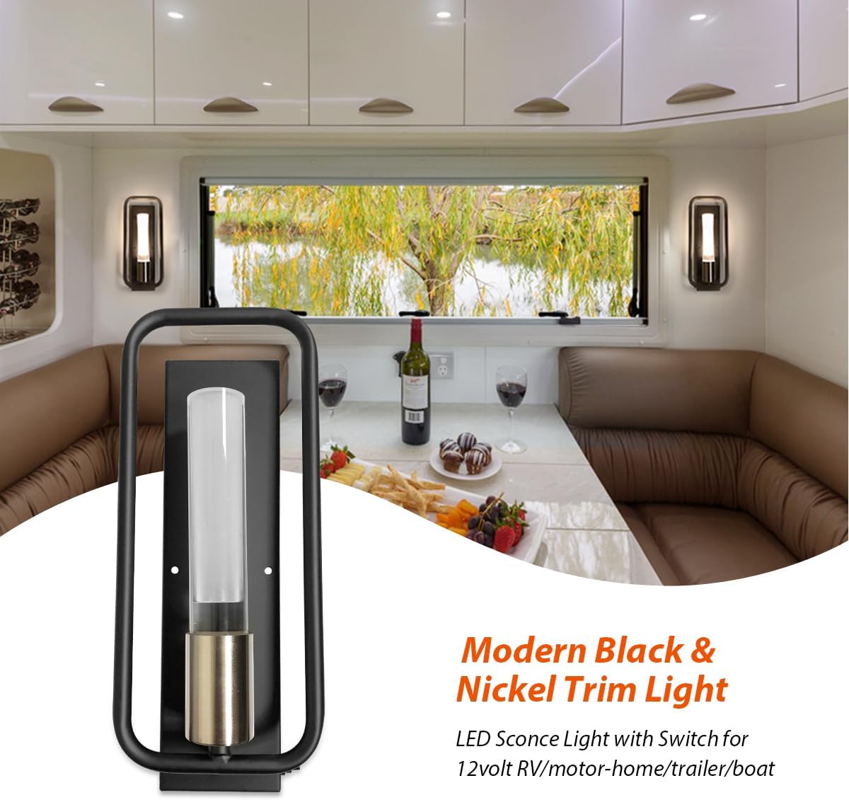 Dream lighting Lámpara de pared LED para casa rodante, 12 V, lámpara decorativa interior con interruptor de montaje en pared, negro mate, blanco