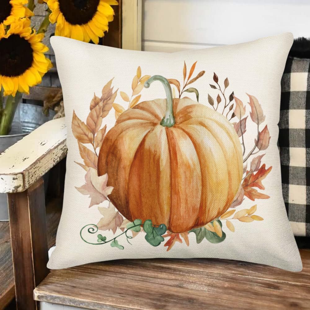 Funda de almohada de otoño de 18 x 18 pulgadas, calabaza naranja, acuarela, hojas de arce, corona, cosecha, decoración de casa de campo para el