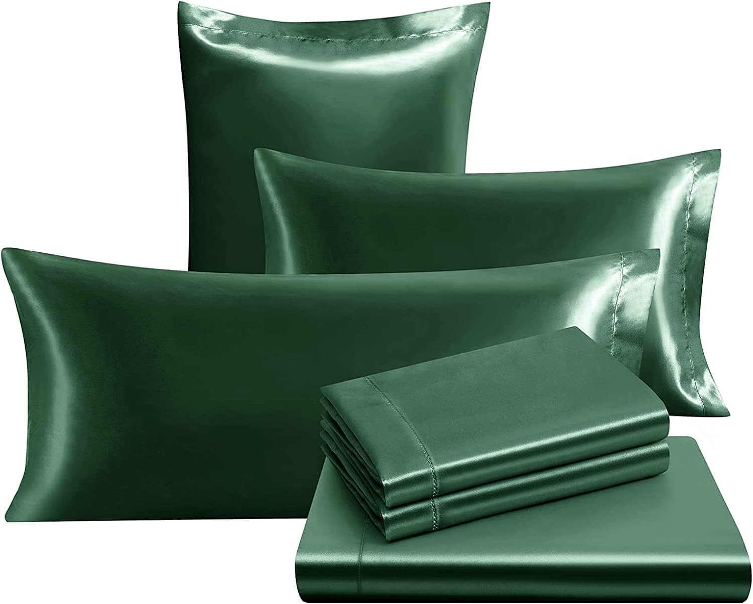 RMS BEDDING Juego de sábanas de satén de seda de 7 piezas, tamaño Queen, color verde esmeralda con 1 sábana bajera de bolsillo profundo de hasta 15