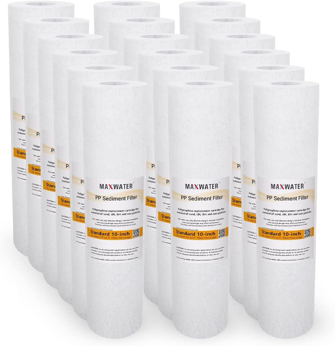 Max Water  Paquete de 18 filtros de agua de sedimentos  10 micras, alta capacidad  2.5 pulgadas x 10 pulgadas  Filtración del sistema de ósmosis