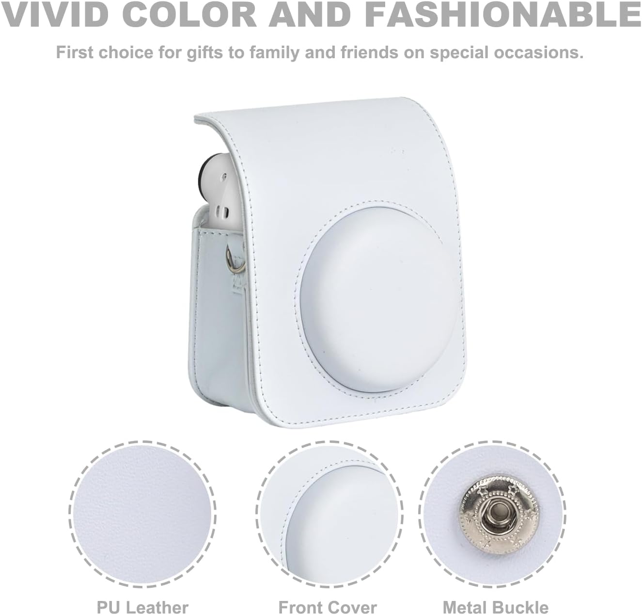 Funda para cámara instantánea Fuji Instax Mini 12 con correa de hombro ajustablemarco de fotos, calcomanía de dibujos animados (blanco arcilla)