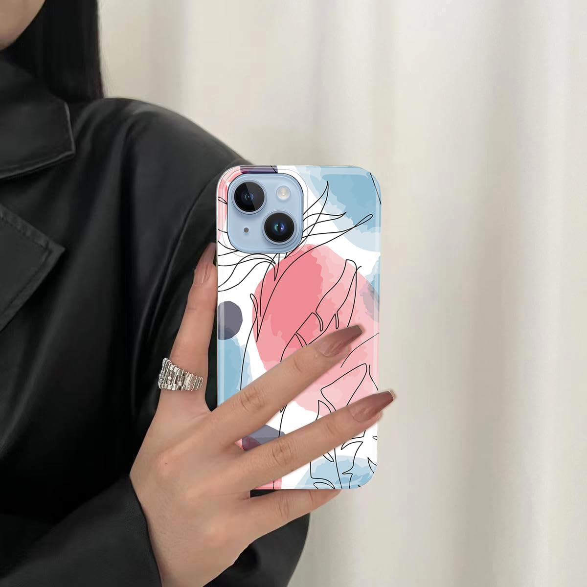 J.west Funda para iPhone 14 Plus 6.7, estética, acuarela, minimalista, bohemio, moderno, impresiones abstractas delgadas, línea geográfica, patrón
