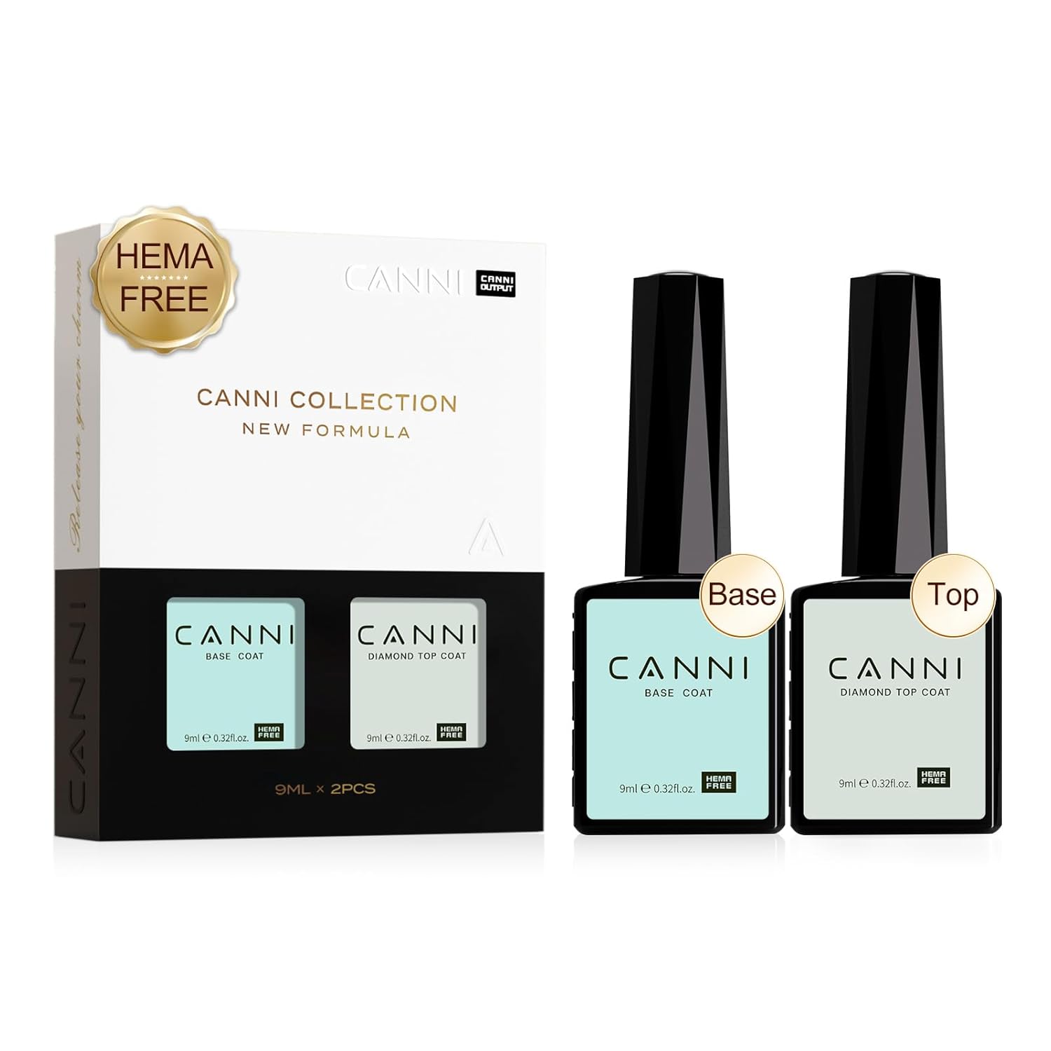 CANNI Juego de 2 esmaltes de uñas de gel sin hema, capa superior de gel sin hema, no se limpia, capa superior brillante y de larga duración, juego