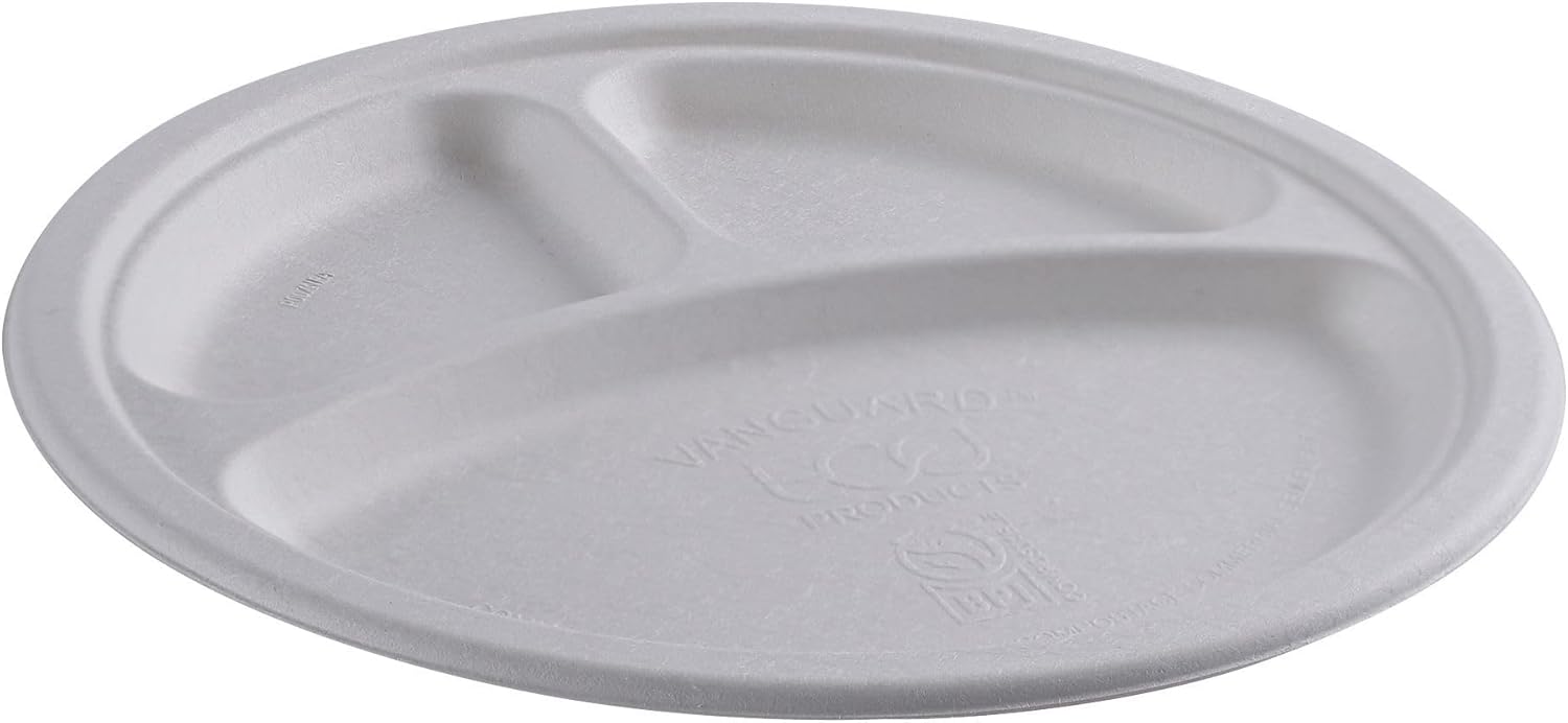 ECO PRODUCTS Vanguard – Platos de papel compostables de 3 compartimentos de 10 pulgadas, caja de 500, fibra moldeada blanca desechable, redondos,