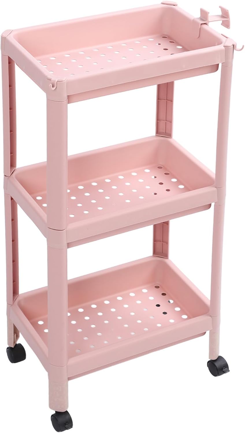 TUWEI Estantería de pie, estante multifuncional de varios niveles para dormitorio, color rosa resistente (3 capas (con ruedas))
