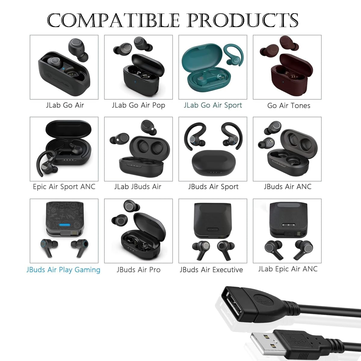 Cable de carga USB y extensión compatible con JLab Go Ai PopSport, JLab Epic Air anSport ANC, JLab JBuds AirSportExecutiveANCPlay GamingPro Wireless