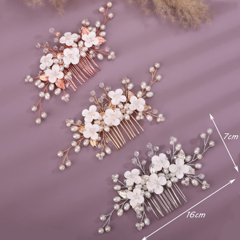 Peine de pelo de boda de flores, hojas de novia, perlas, peine lateral dorado y plateado con perlas de cristal, accesorios para el cabello para