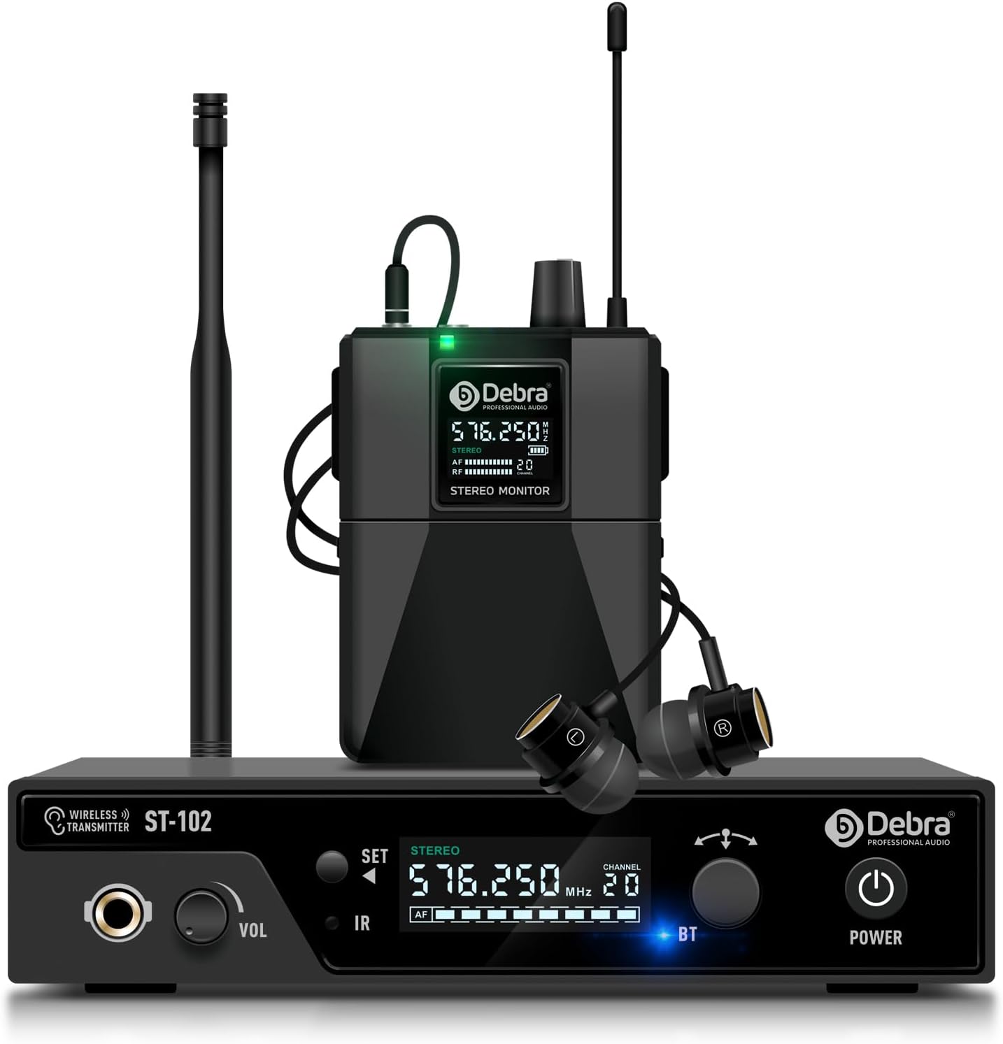 D Debra PRO ST-102 UHF – Sistema de monitor inalámbrico inalámbrico en oído, IEM inalámbrico con carrocerías y auriculares, transmisor y receptor de