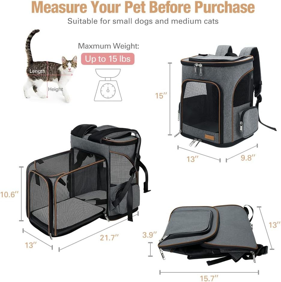 Lekesky Mochila para gatos expandible para perros, aprobada por aerolíneas, mochila para mascotas, para gatos, perros pequeños, cachorros, color gris