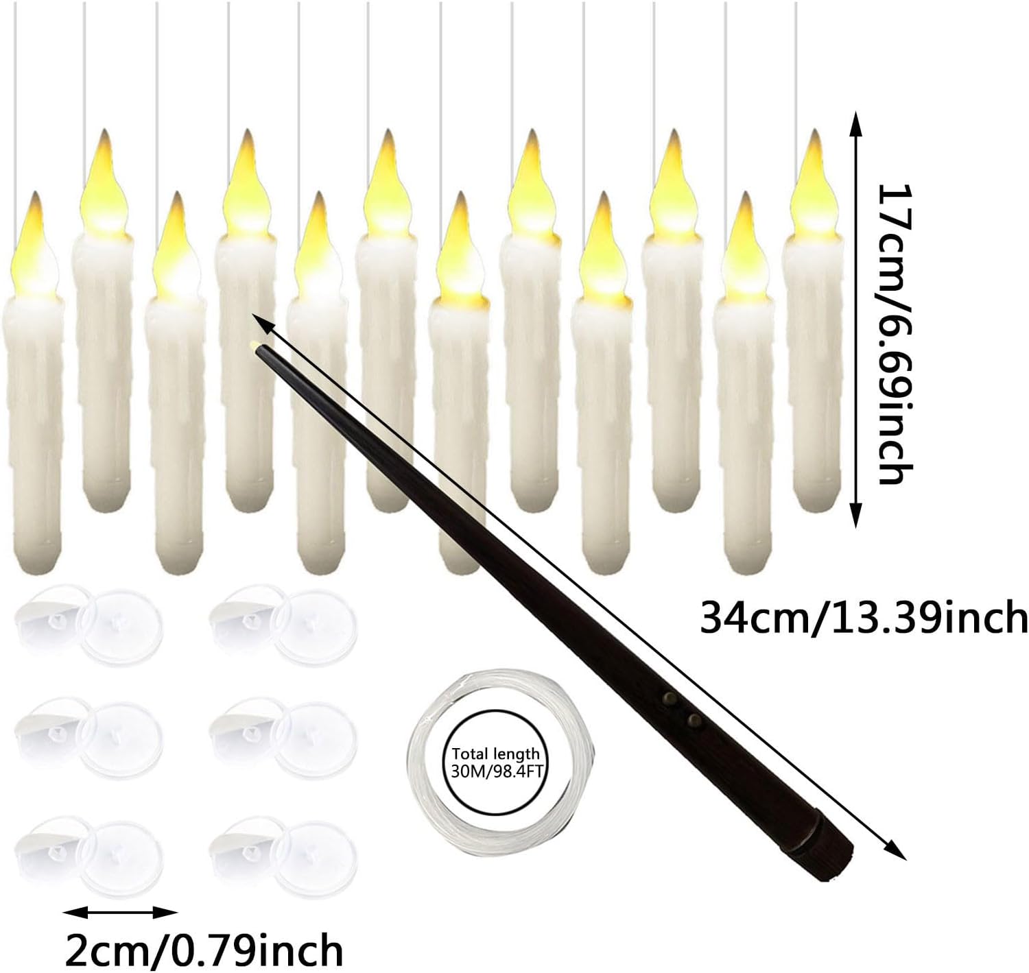 Velas flotantes de Halloween con control remoto de varita mágica, decoraciones de Halloween, 12 velas cónicas colgantes sin llama de 6.7 pulgadas,