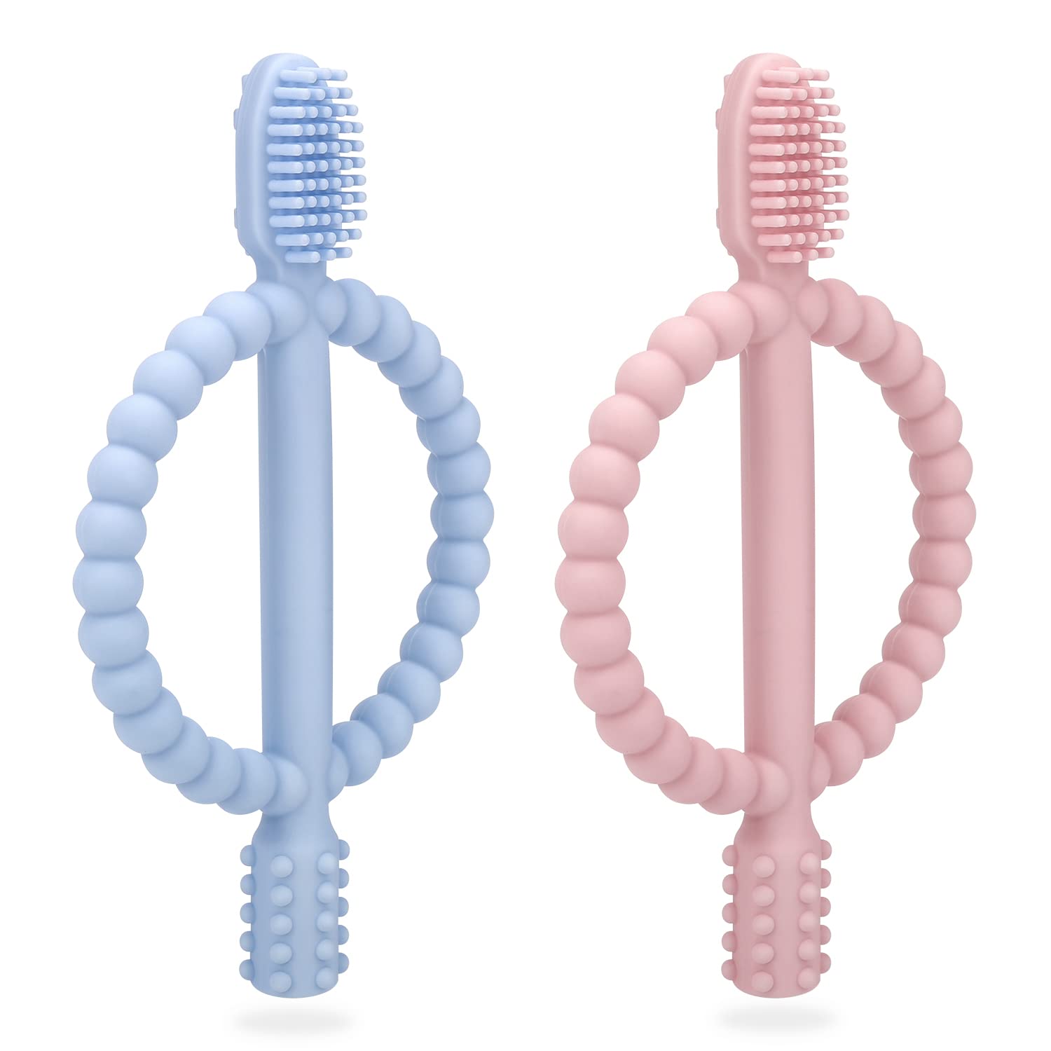 Juguetes de dentición para bebés con mango de fácil agarre, cepillo de dientes infantil de silicona, texturizado en ambos lados ayuda a masaje,