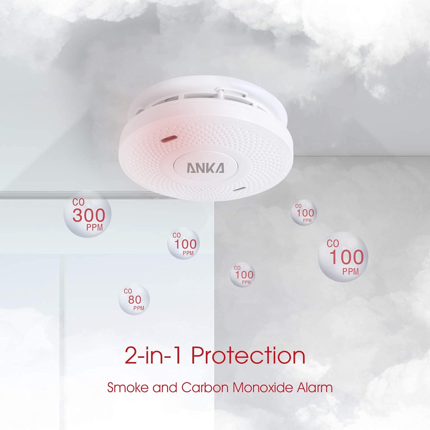 ANKA Detector de humo y monóxido de carbono, batería de 10 años, sin cableado, alarma combinada de humo de doble sensor con función de silencio, UL