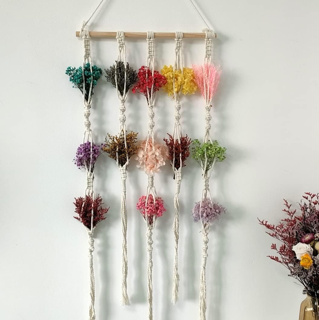 Tapiz largo de macramé bohemio para colgar en la pared, flores naturales secas, flores de hortensias preservadas, el aliento del bebé preservado