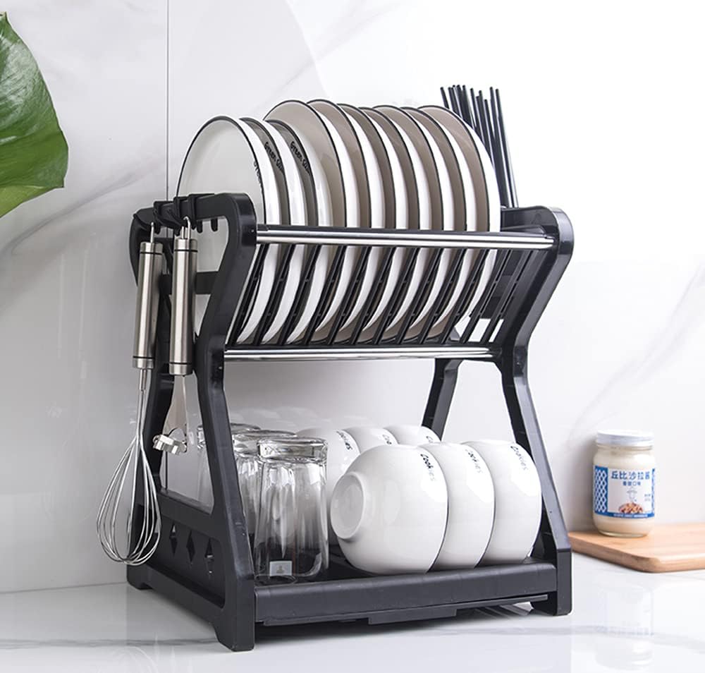 Escurridor de platos fácil de limpiar, escurridor de platos de 2 niveles con escurridor, organizador de platos de cocina, escurridor de platos con