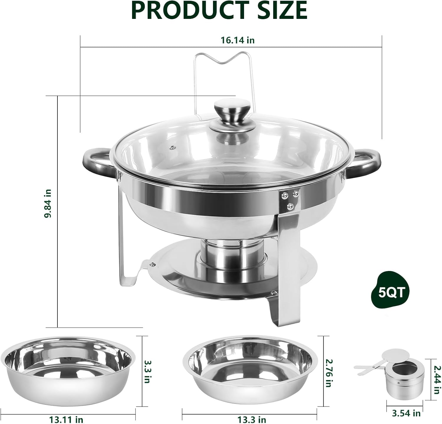 IMACONE Juego de 4 platos de bufé, de acero inoxidable redondo de 5 cuartos de galón para catering, juegos de chafers mejorados y calentadores de