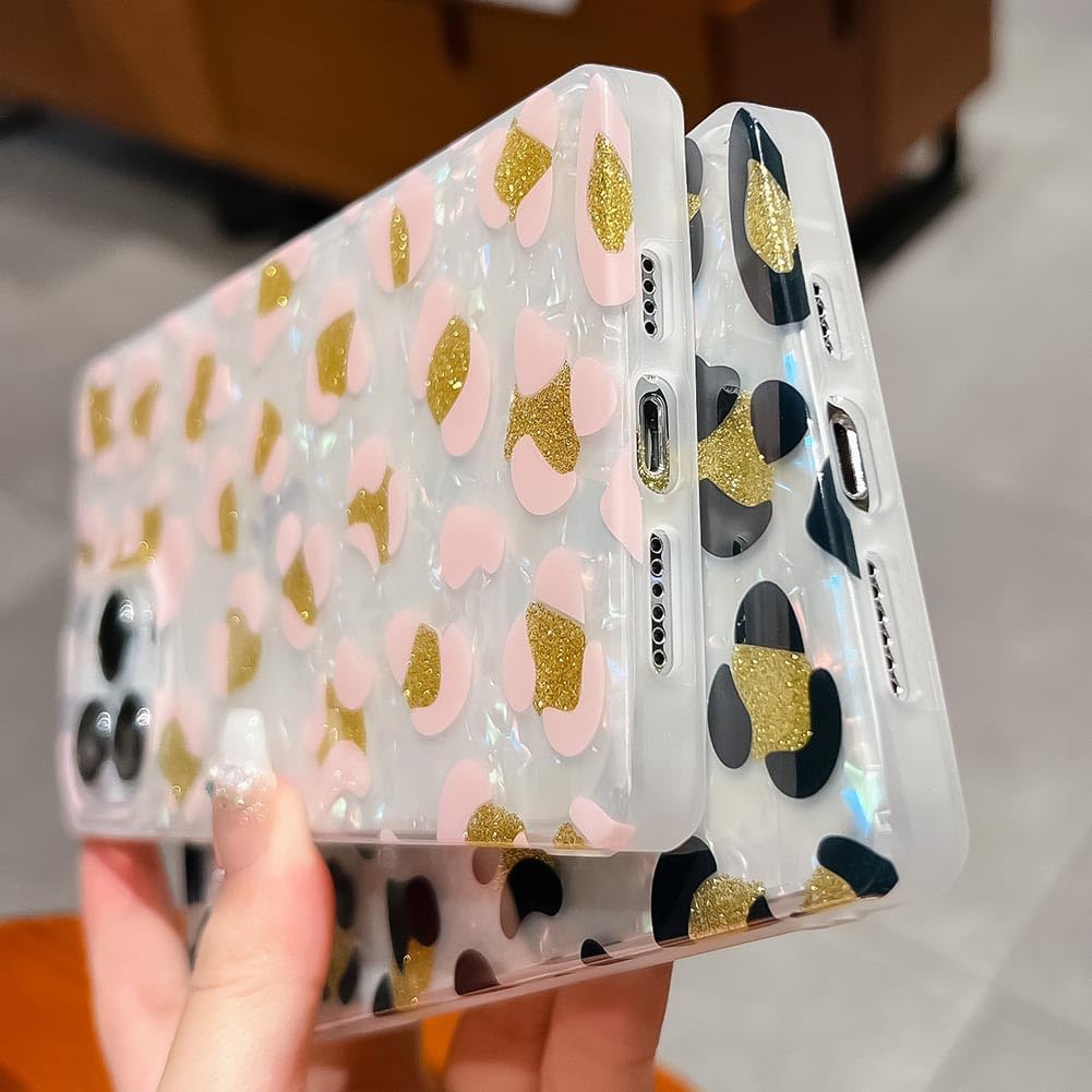 KERZZIL Funda de lujo con patrón de leopardo de nácar para iPhone 13 Pro Max, con borde cuadrado, lindo polvo dorado brillante brillante para