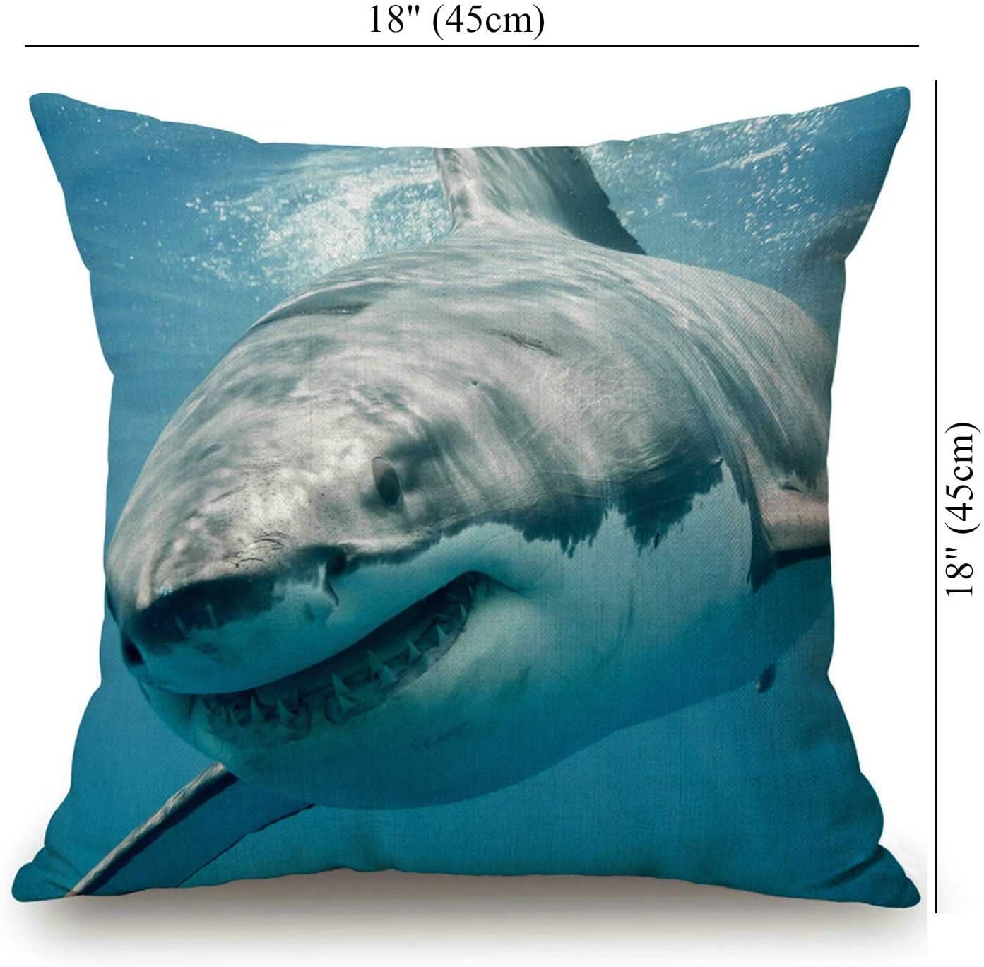 Funda de almohada cuadrada de lino y algodón con diseño de tiburón, mandíbulas, colmillo y depredación bajo el agua, funda de almohada estándar para
