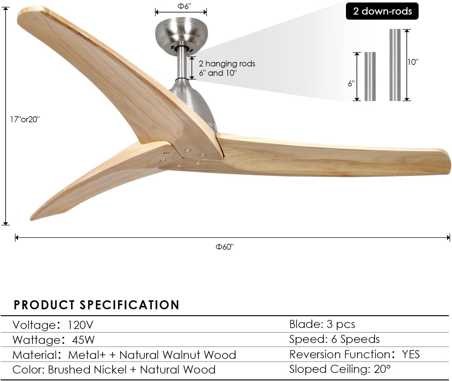 TFVV Ventilador de techo de madera sin luces de 60 pulgadas con control remoto para interiores y exteriores, montaje empotrado, níquel cepillado de