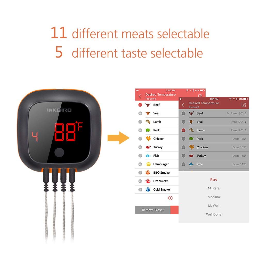 Inkbird Termómetro para parrilla, termómetro para ahumar Bluetooth, termómetro digital de barbacoa con 150 pies, alarma y temporizador, termómetro