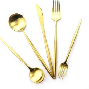 Gugrida Juego de cubiertos de acero inoxidable 1810 con mango dorado mate de 5 piezas, juego de cubiertos de color negro titanio, juego de Gugrida Juego de cubiertos de acero inoxidable 1810 con mango dorado mate de 5 piezas, juego de cubiertos de color negro titanio, juego de