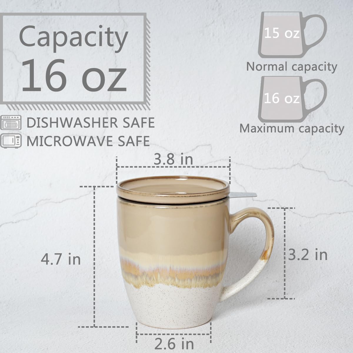 Bosmarlin Taza de té de cerámica con infusor y tapa, 16 onzas, 5 colores a elegir, apta para lavavajillas y microondas, esmalte reactivo, taza de té