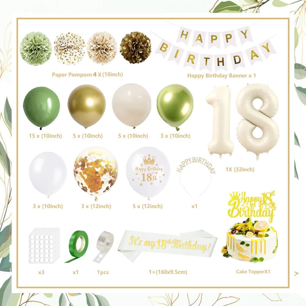 Decoraciones de cumpleaños 18 color verde salvia para niñas, juego de decoraciones de cumpleaños de 18 años verde oliva y dorado, pancarta de feliz