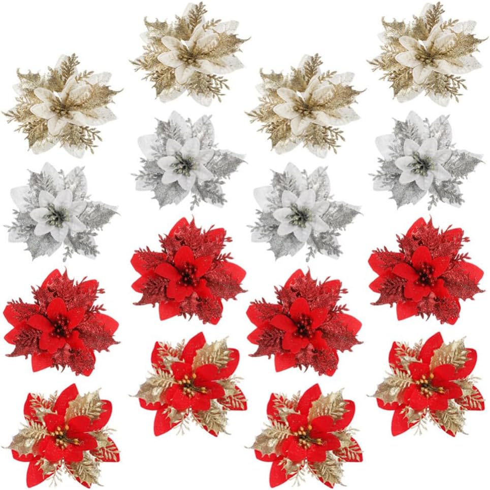 VOSAREA Decoraciones de Navidad, 24 piezas de flores de pascua de Navidad con purpurina artificial, flores en aerosol para árbol de Navidad,