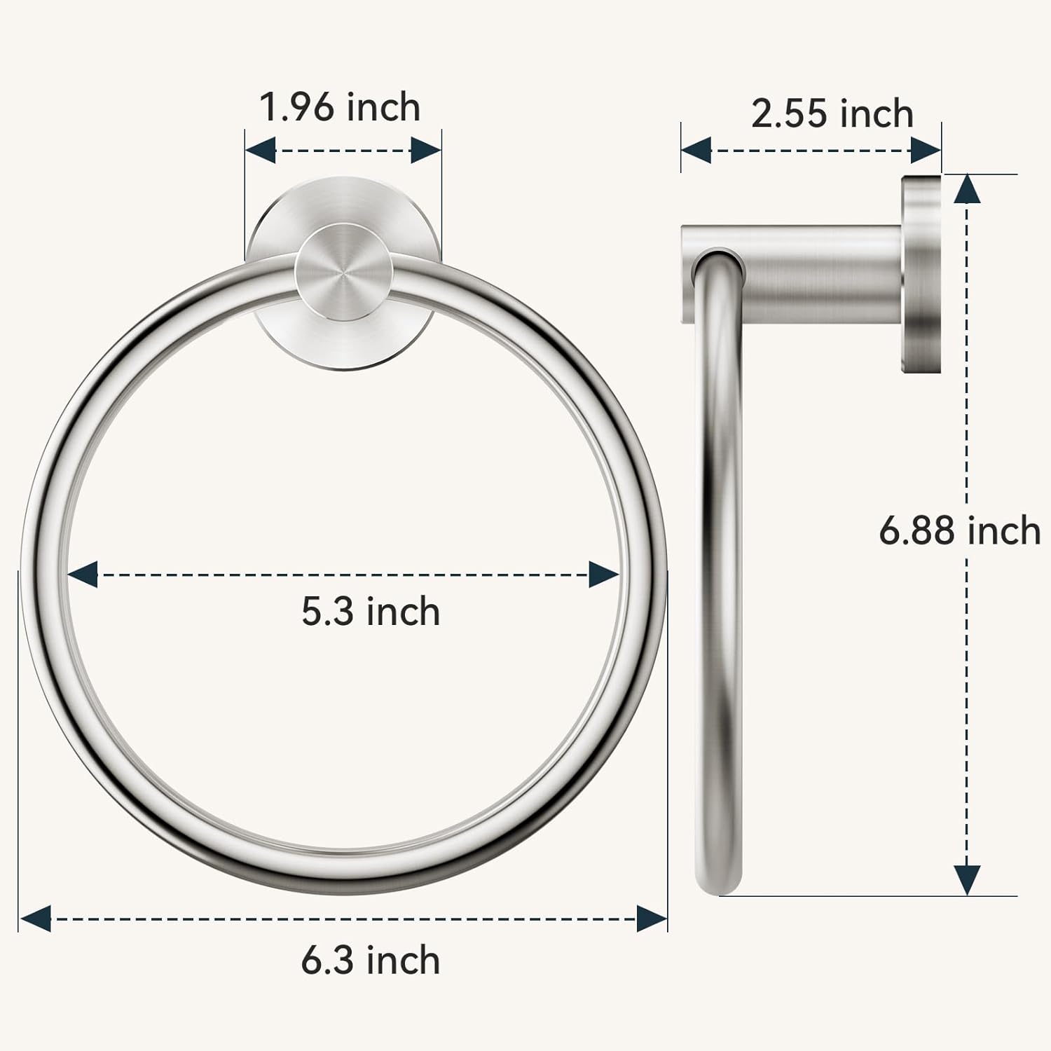 FORIOUS Paquete de 2 toallas de baño de níquel cepillado, soporte para toallas de mano de acero inoxidable SUS 304 montado en la pared, anillo de