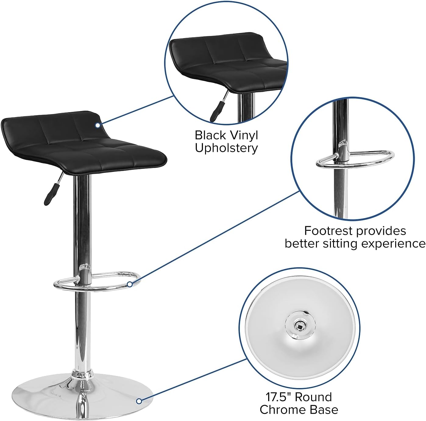 Flash Furniture Taburete de bar de altura ajustable de vinilo negro contemporáneo con asiento ondulado acolchado y base cromada
