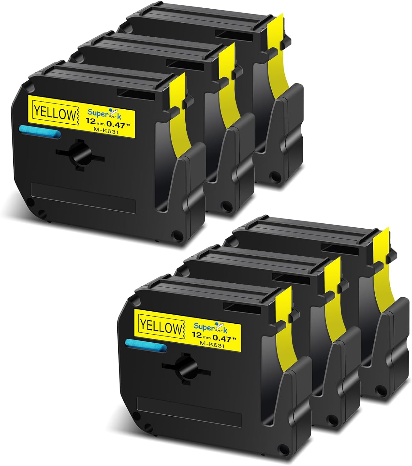 USUPERINK 6PK – Cinta de repuesto compatible con cinta M Brother P-Touch M, color negro sobre amarillo, 0.47 pulgadas x 26.2 pies, M-K631 M631 MK631