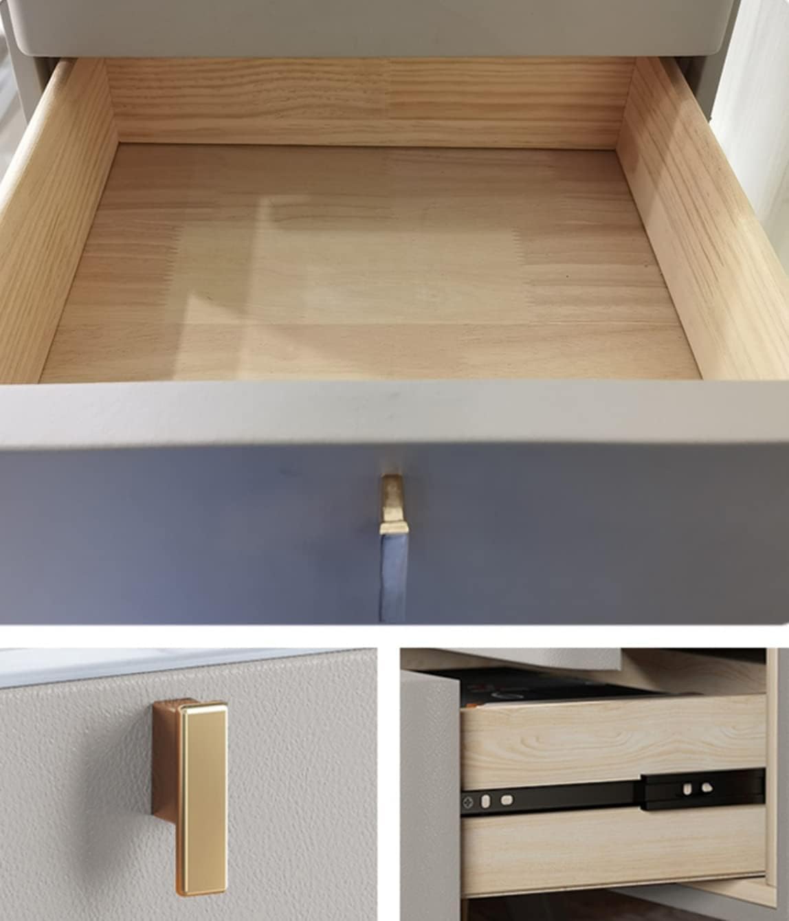 Mesita de noche moderna de mediados de siglo Mesita de noche con parte superior de mármol sintético, mesa de noche de madera con 2 cajones de cuero