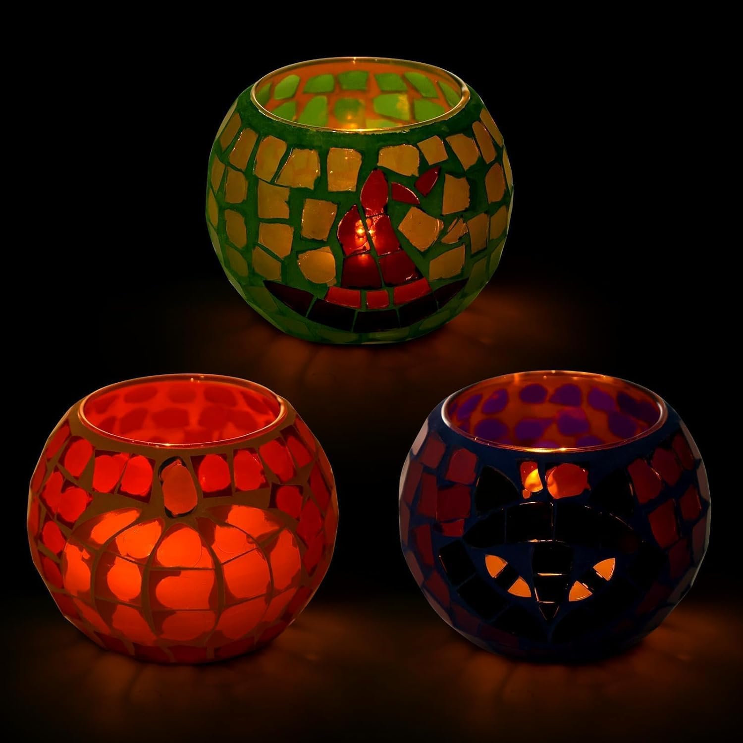 Portavelas de Halloween, juego de 3 portavelas de cristal con mosaico de gato negro, portavelas votivas góticas de calabaza para fiesta de