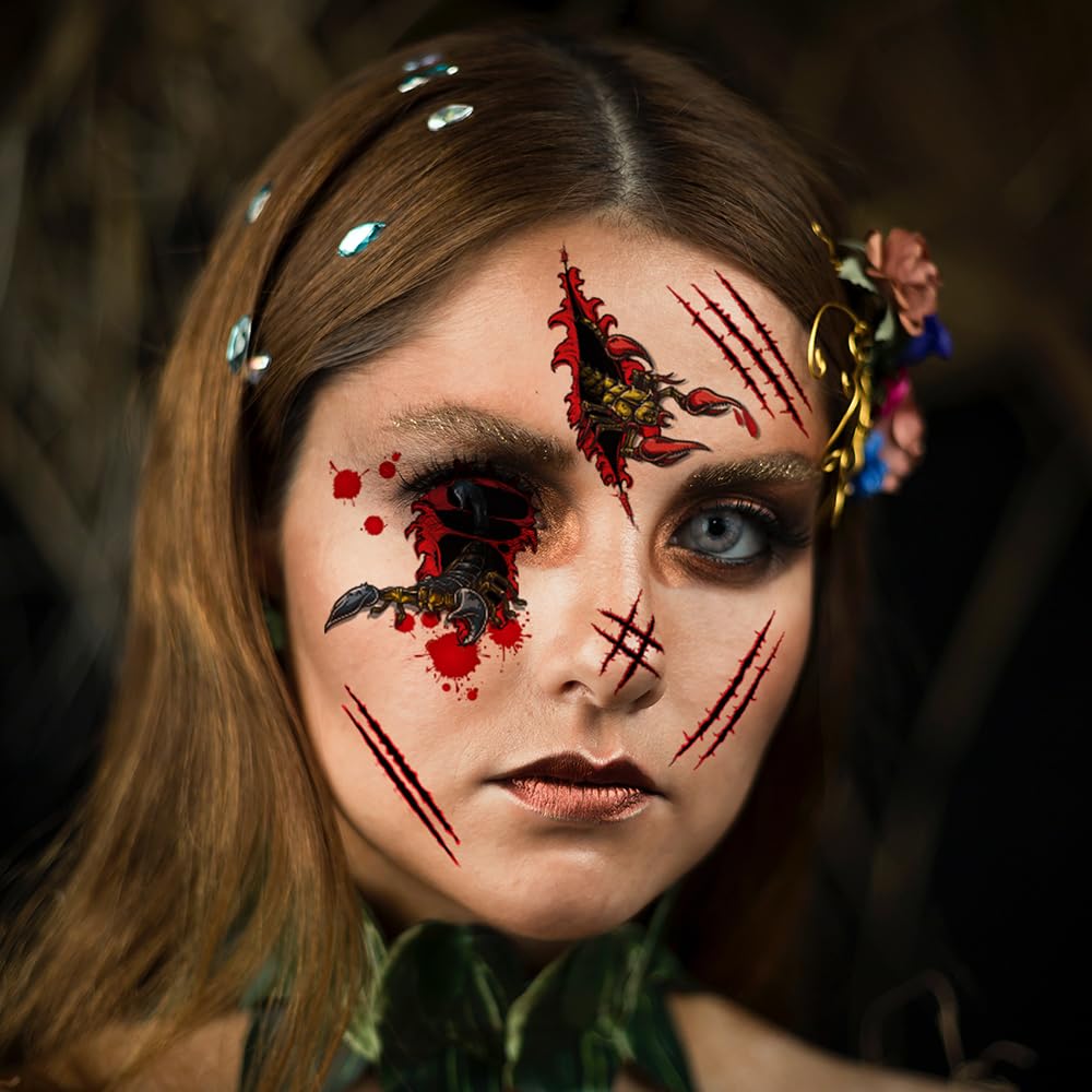 Tatuajes temporales de Halloween, Día de los Muertos, calcomanías de tatuaje de ojos sangrientos, 10 hojas de tatuajes falsos para decoración de